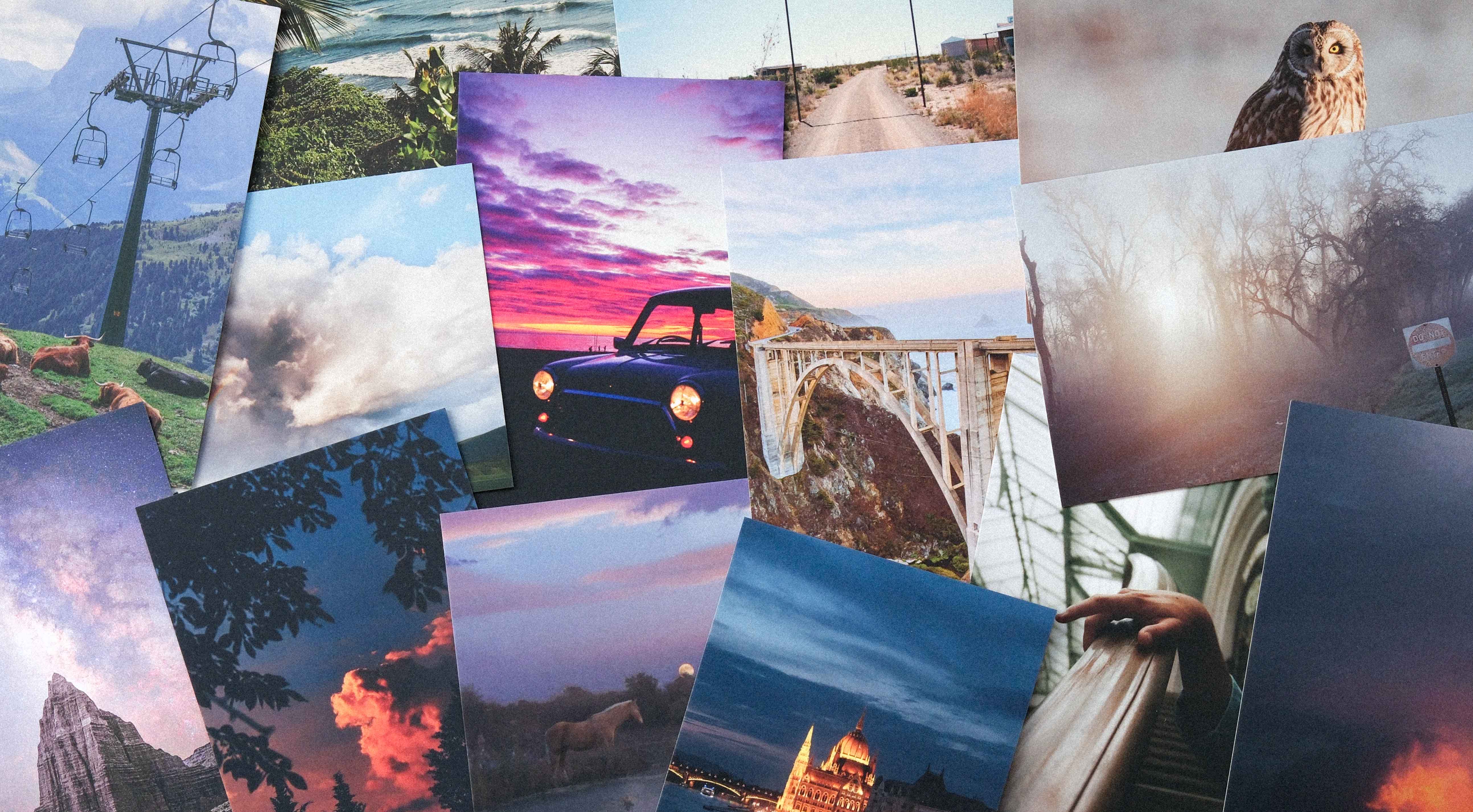 A flat-lay of printed photo postcards — landscapes, wildlife, and travel shots from Postal Photos photographers